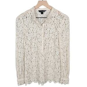 Rachel Zoe Ivory Lace Floral Blouse Size 6 High Neck Long Sleeve Romantic Top